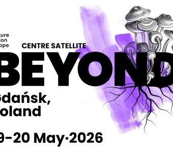 biało fioletowa grafika, ilsutracja grzybów i grzybni, napis: Beyond Gdańsk, Poland 19-20 May 2026