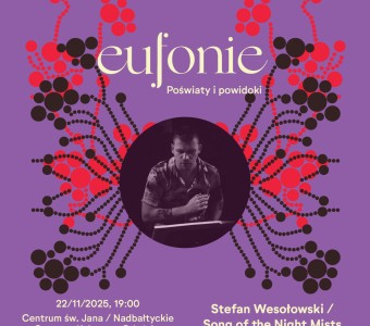abstrakcyjna grafika, fioletowe tło, roślinne motywy, napis "eufonie", portret mężczyzny
