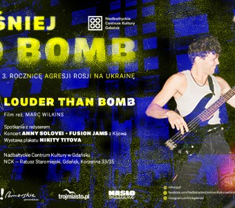 kolorowa grafika, kolaż zdjęć, muzyk z gitarą elektryczną, światła, napis "głośniej od bomb"