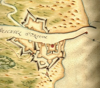 Plan Twierdzy WisłoujŚcie z 16 VI 1642 r., autorstwa B. Heddinga, w kolorowym odrysie J. Gelentina z I poł. XVIII w. Widoczny rozbudowany Szaniec Zachodni położony pomiędzy wydmami a wodnym połączeniem z Jez. Zaspa (APG)