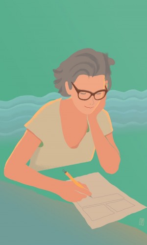 ilustracja kobiety pochylonej nad kartką