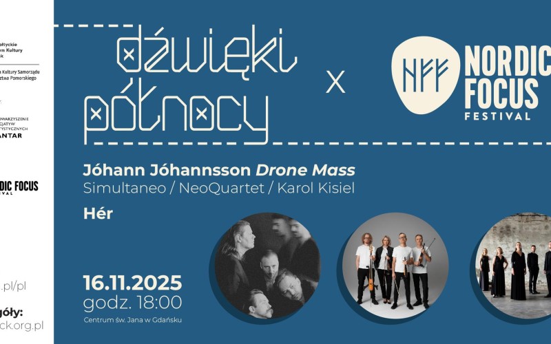 grafika w kolorach biały-niebiesko szary, na niej zdjęcia artystów w kółkach, a na górze logotypy dwóch festiwali, które współpracują ze sobą