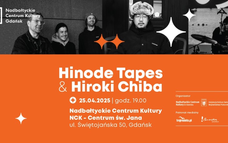 grafika: na górze zdjęcia hinode tapes i Hiroki chiba czarno-białe, a na dole pomarańczowy kolor i napisy