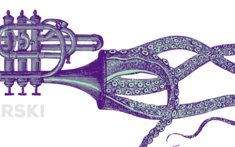 pomorski jazz grafika z trąbką z ośmiornicą 